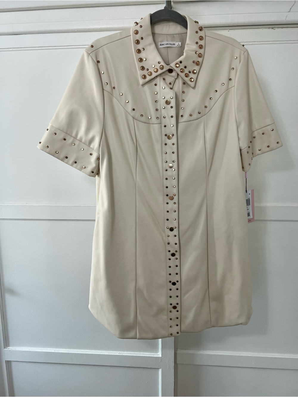 Avec Les Filles Faux Leather Cream Stud-Accent Dress Tags
